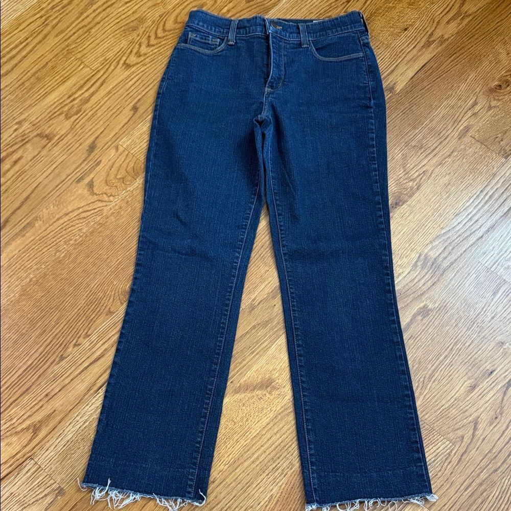 NYDJ Lift Tuck Straight Jeans Dark Wash Raw Hem Size 8 Made in USA